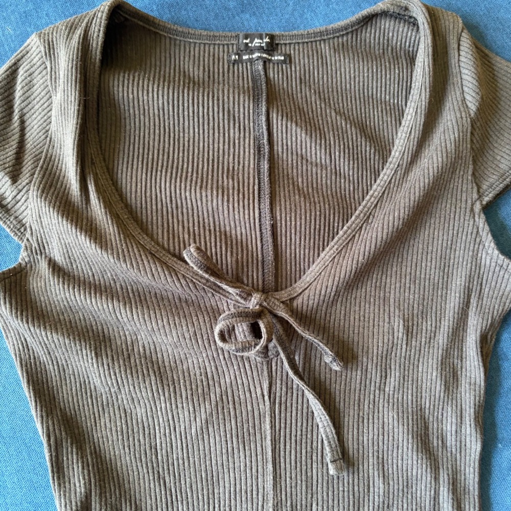 Out From Under Urban Outfitters Ribbed Tie Front Bodysuit Charcoal Grey Medium - Picture 2 of 4